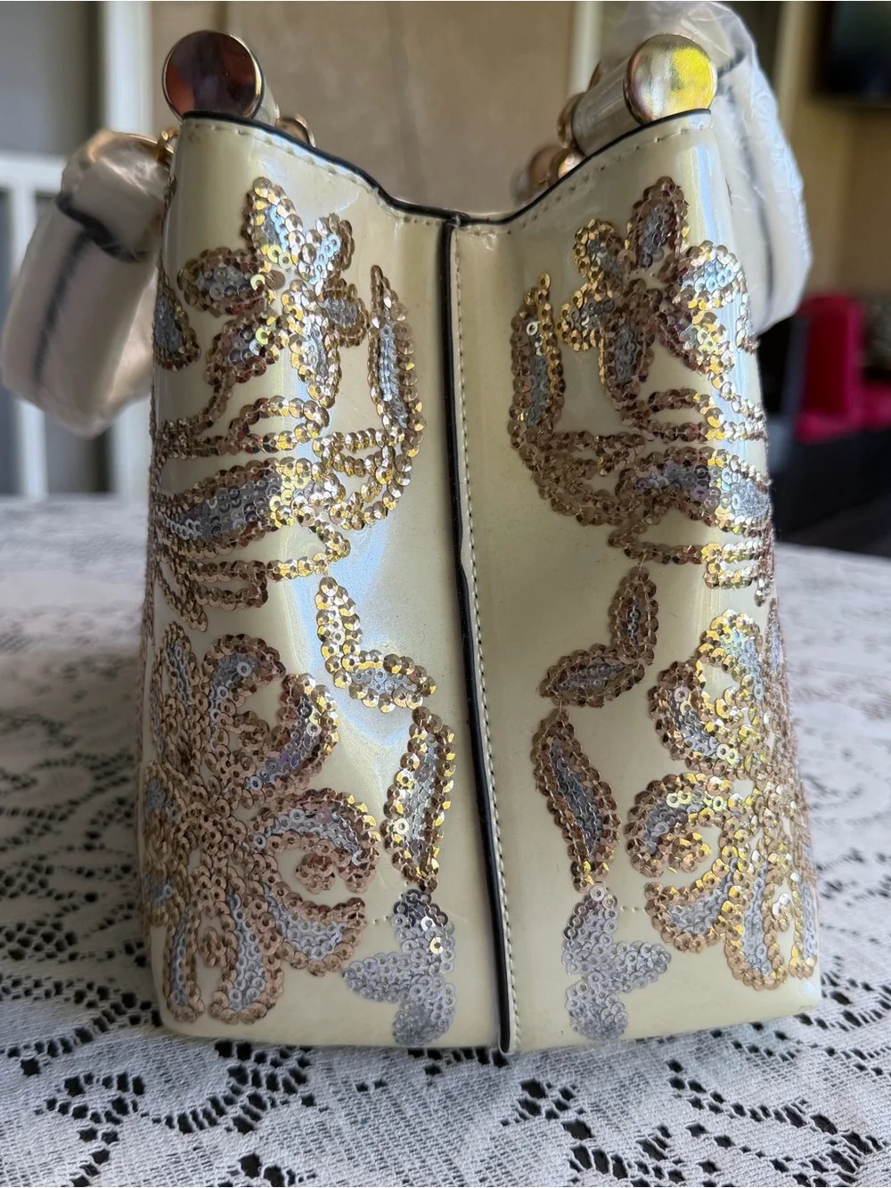 Cream Sequin Floral Satchel with Gold-Tone Accents